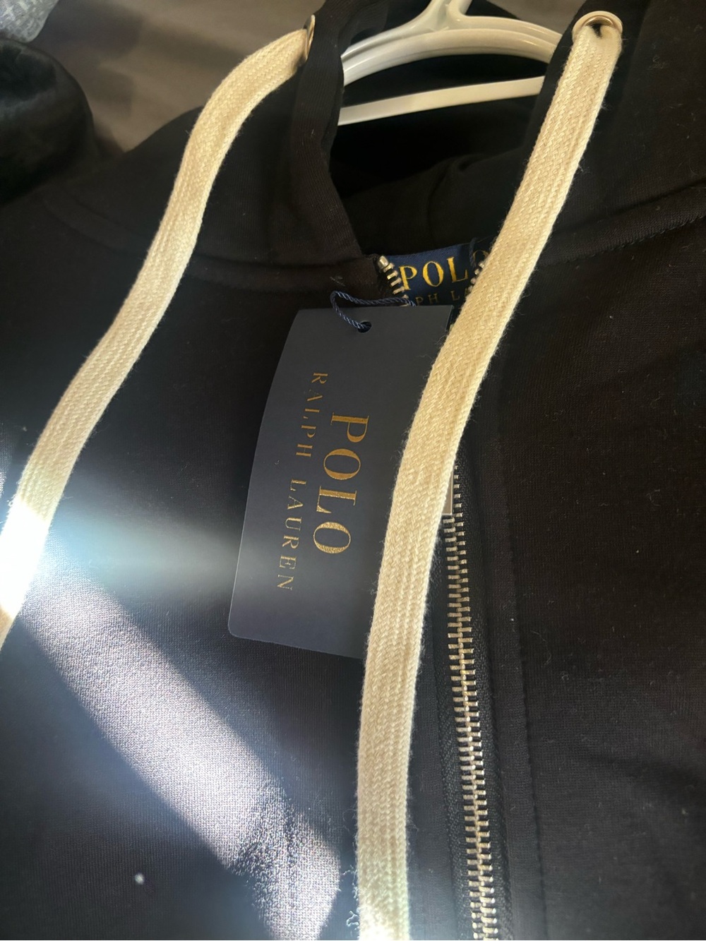 Polo by Ralph Lauren Black Zip-Up Hoodie with Cream Drawstrings